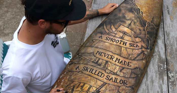 I Re-Purpose Old Surfboards Into Artwork With Detailed Stippling Illustrations Of Surf And Beach-Inspired Themes