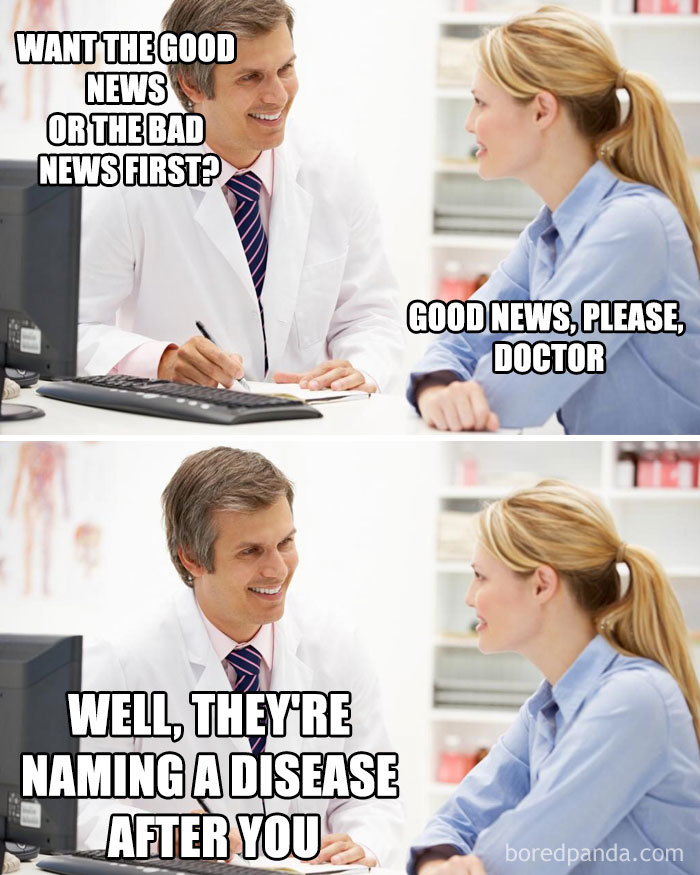 Doctor meme showing a humorous conversation between a doctor and a patient about good and bad news.