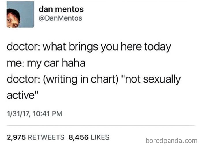 Doctor meme about a humorous misunderstanding during a check-up, highlighting patient's response: "my car haha."