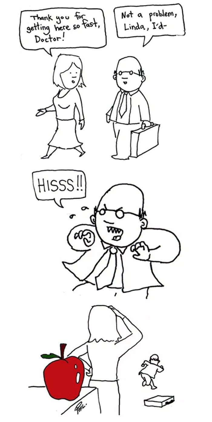 Cartoon of a doctor turning into a vampire, frightening a nurse, humorously referencing the saying about an apple a day.