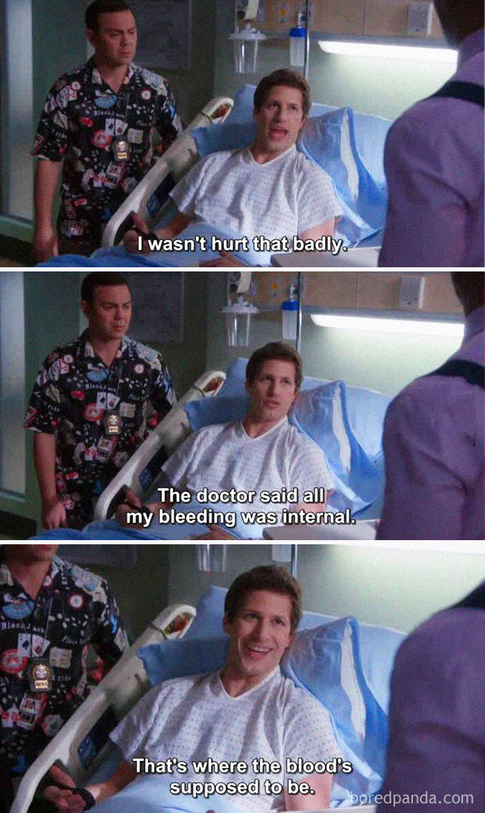 A humorous doctor meme with a patient joking about internal bleeding being normal.