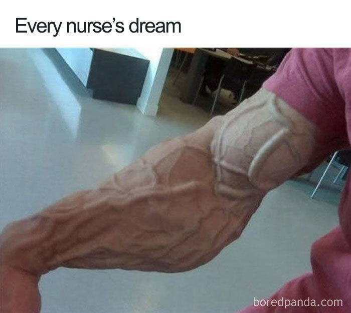 Doctor meme featuring a muscular arm with bulging veins captioned "Every nurse's dream."