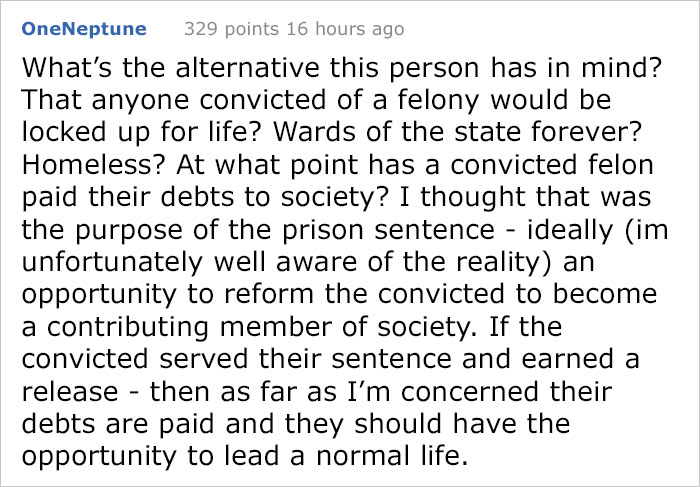 Text screenshot discussing convicted felons and societal reintegration.