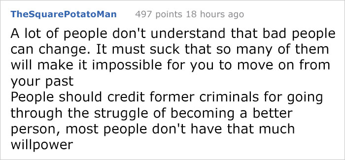 Reddit comment discussing perspectives on change and redemption for convicted felons. Reddit comment discussing perspectives on change and redemption for convicted felons.