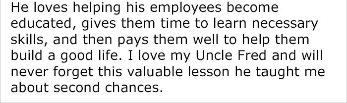 Text about valuable lessons on second chances and supporting employees. Text about valuable lessons on second chances and supporting employees.