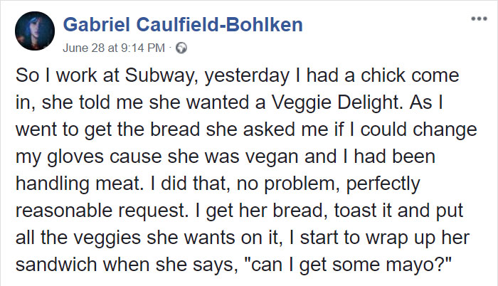 The Way This Vegan Reacted To A Subway Worker Telling Her That Mayonnaise Is Not Vegan Is Going Viral