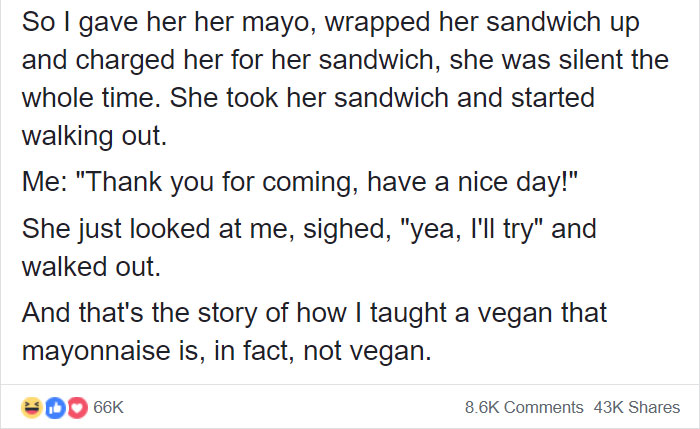 The Way This Vegan Reacted To A Subway Worker Telling Her That Mayonnaise Is Not Vegan Is Going Viral