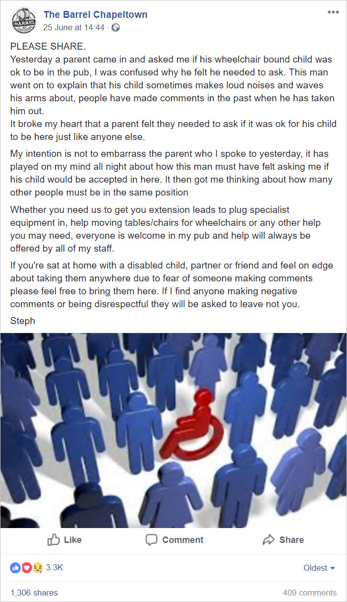 Pub Landlady's Response To A Father Asking If His Disabled Son Can Come Inside