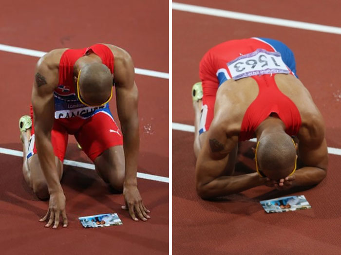 Felix Sanchez Grandma Passed Away While He Was Set To Participate At The 2008 Beijing Summer Olympics. Running Through Emotions, Sanchez Would Finish 22nd Out Of 25. He Made A Promise To Win A Gold Medal For His Grandma. Four Years Later In London He Won His Gold Bringing His Grandma's Picture Pinned Behind His Race Bib. This Is Him After Winning With The Picture In Front Of Him