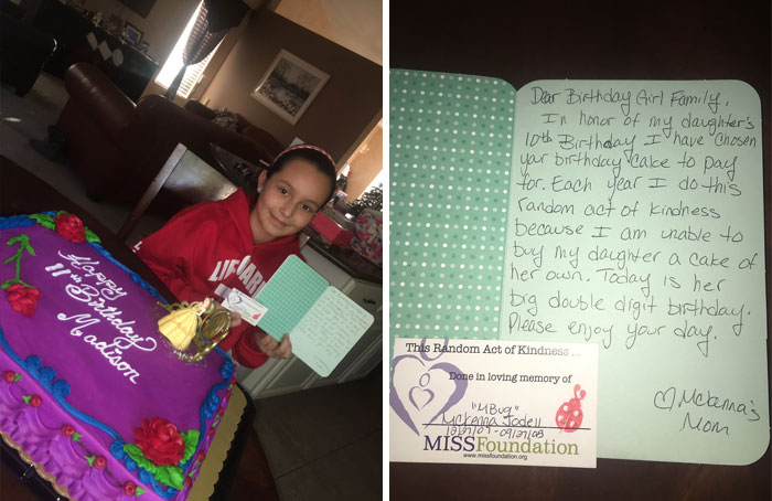 So Today Is My Sister's Birthday And When We Went To Pick Up Her Cake Someone Had Already Paid For It. It Was Left With This Card. My Family Was Speechless And We Just Want To Say Thank You To Mckenna's Mom And Wish Mckenna A Happy Birthday. There's Still Good In This World