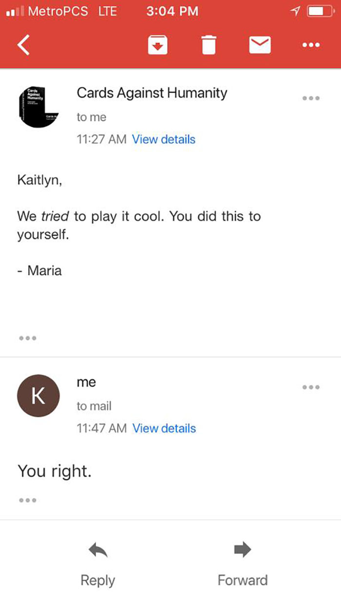 "Be Careful What You Wish For": The Way Cards Against Humanity Responded To This Girl's Complaint Is Hilarious "Be Careful What You Wish For": The Way Cards Against Humanity Responded To This Girl's Complaint Is Hilarious