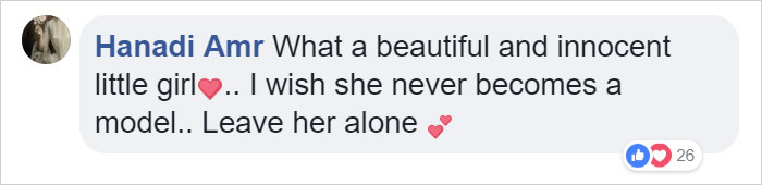 A comment discussing a girl called the most beautiful in the world, expressing a wish for her to avoid modeling.