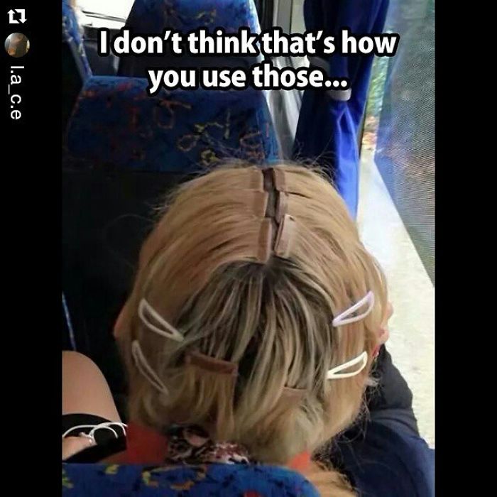 Hairstylist meme showing a person using multiple hair clips creatively on a bus seat.