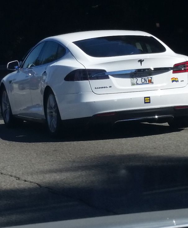 Two Sweet Old Ladies, Driving A Tesla, With Equality/Rainbow Stickers, And That License Plate