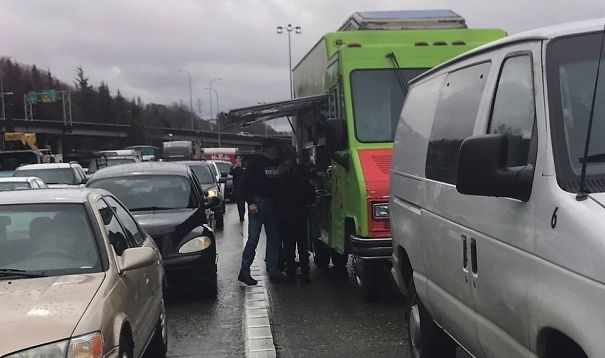 Taco Truck Opens For Business In The Middle Of Traffic Jam On I-5