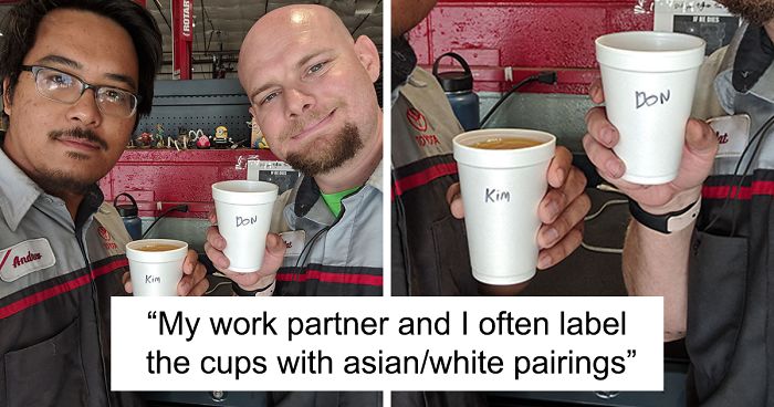 Two coworkers holding coffee cups labeled with Asian and white stereotypes, playfully trolling each other in a workshop.