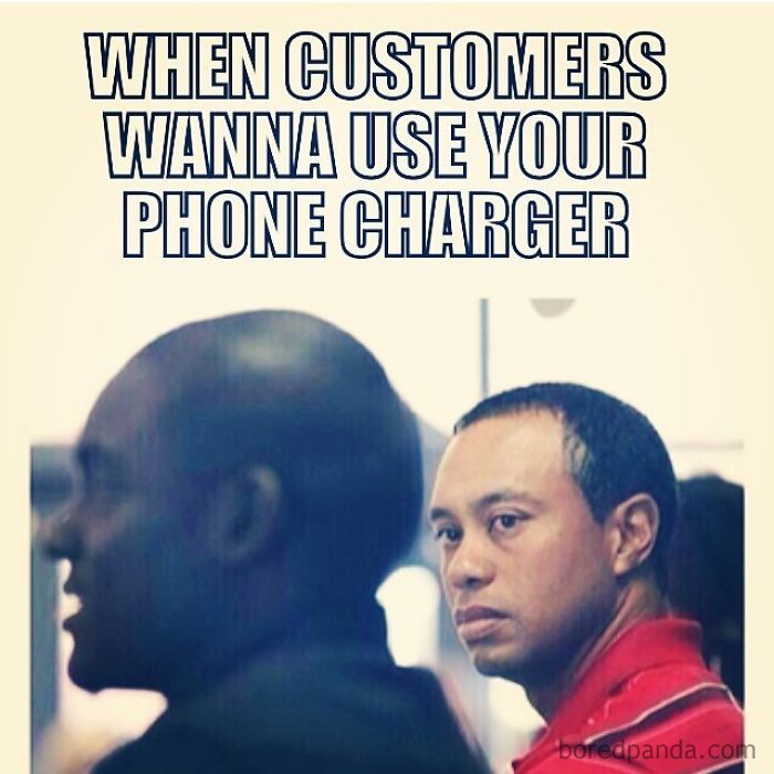 A man in a red shirt looking irritated with text about customers wanting to use a phone charger, humor meme about hairstylists.