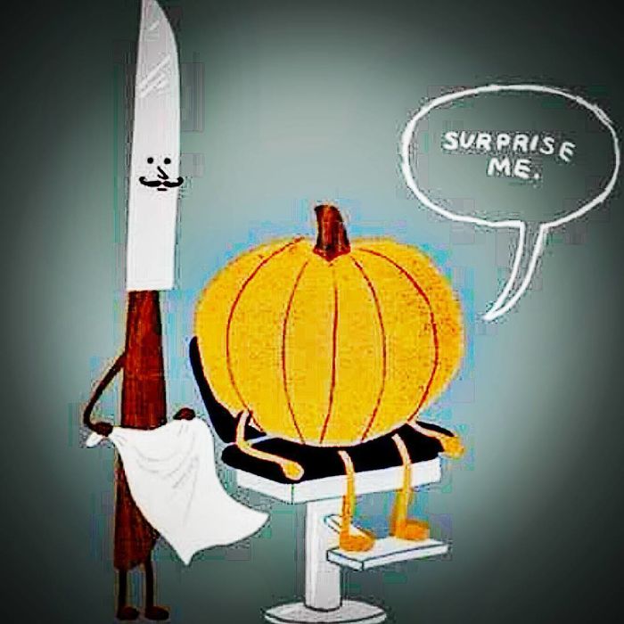 Cartoon knife as hairstylist with pumpkin on salon chair, humorous meme scene.
