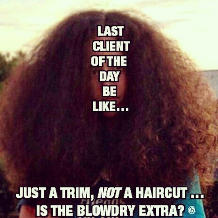 Wild hairstyle with text humorously depicting hairstylist struggles, saying "Last client of the day be like...".