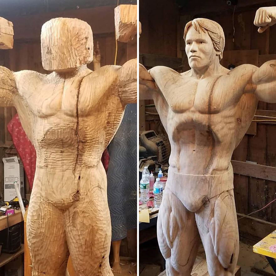 Sculptor Creates A Life-Size Statue Of Arnold Schwarzenegger Out Of Tree Trunk