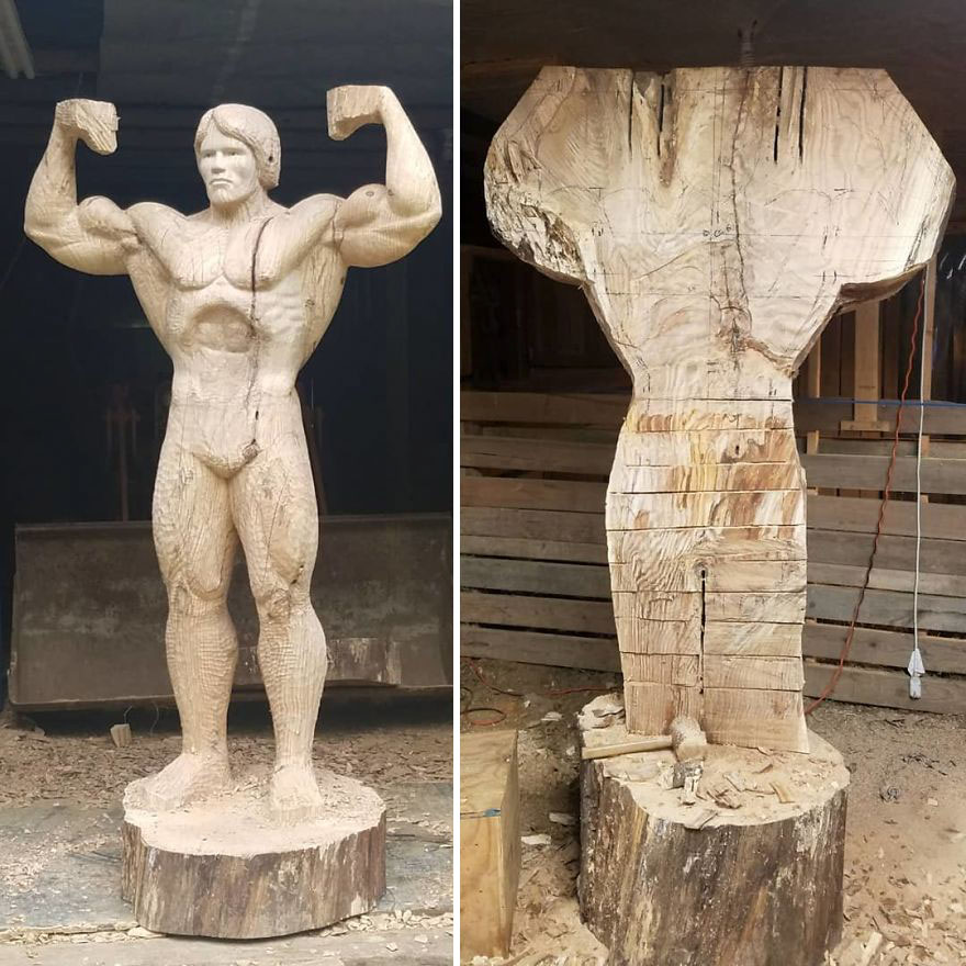 Sculptor Creates A Life-Size Statue Of Arnold Schwarzenegger Out Of Tree Trunk