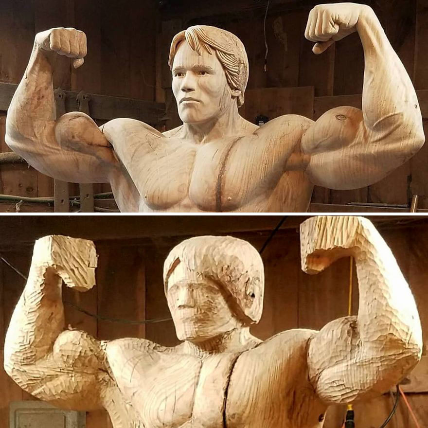 Sculptor Creates A Life-Size Statue Of Arnold Schwarzenegger Out Of Tree Trunk Sculptor Creates A Life-Size Statue Of Arnold Schwarzenegger Out Of Tree Trunk
