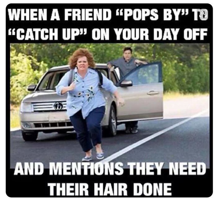 Person humorously running away from a car, relating to hairstylist dilemma, with caption about an unexpected hair request.