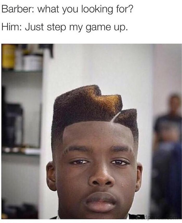Creative hairstyle meme highlighting unique barber work, with text about stepping up the game, amusing hairstylists.
