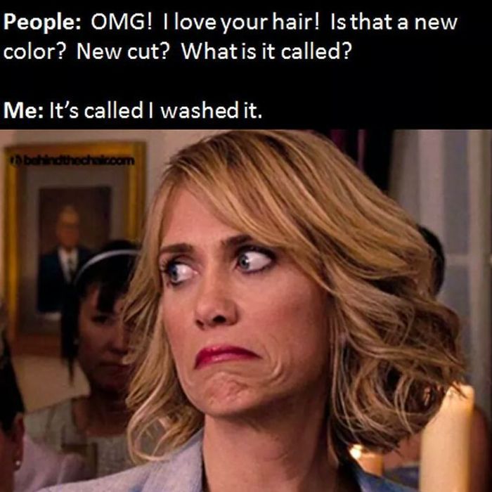 Woman making a funny face with caption about washing hair; relatable hairstylist meme humor.