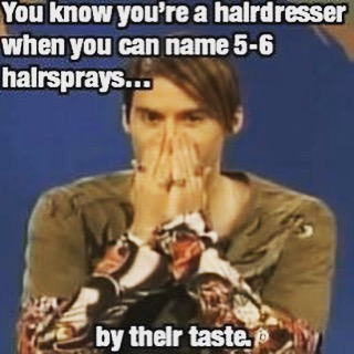 Person covering mouth in amusement with text about hairstylists naming hairsprays by taste, highlighting humorous memes.