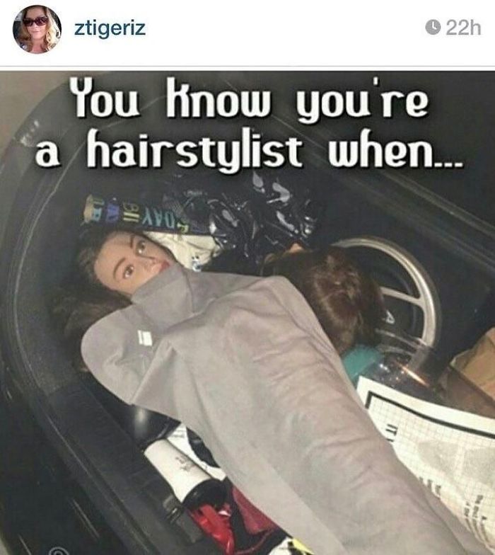 "Funny hairstylist meme showing a mannequin head peeking out from a car trunk piled with hairstyling tools."