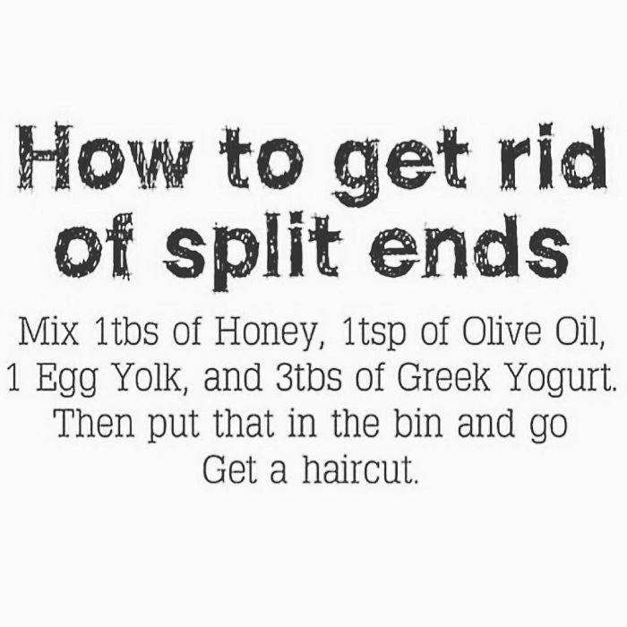 Text meme about a humorous hair remedy suggesting a haircut instead, referencing hairstylists.