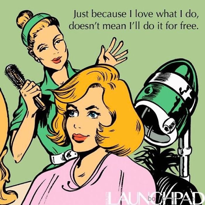 Hair stylist holding a brush, with a client under a salon dryer, and a humorous quote in a retro comic style.