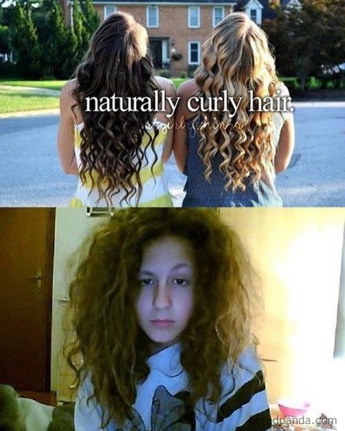 Two women with styled curly hair outdoors; below, a person indoors with messy curly hair.