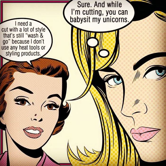 Pop art style meme featuring a hairstylist conversation with humorous dialogue bubbles.