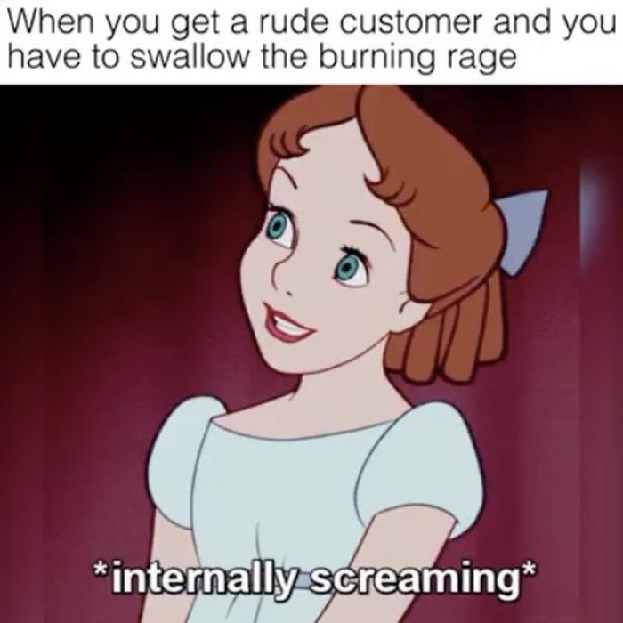 Cartoon character smiling with text about handling rude customers, reflecting hairstylist meme humor.