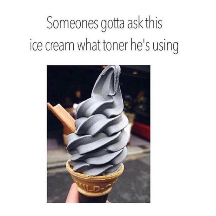 Gray ice cream resembling a stylish hairstyle, humorously asking about toner, brings to mind hilarious memes about hairstylists.