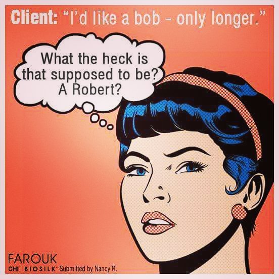 Cartoon hairstylist puzzled by client's bob haircut request, showcasing hairstylist humor.