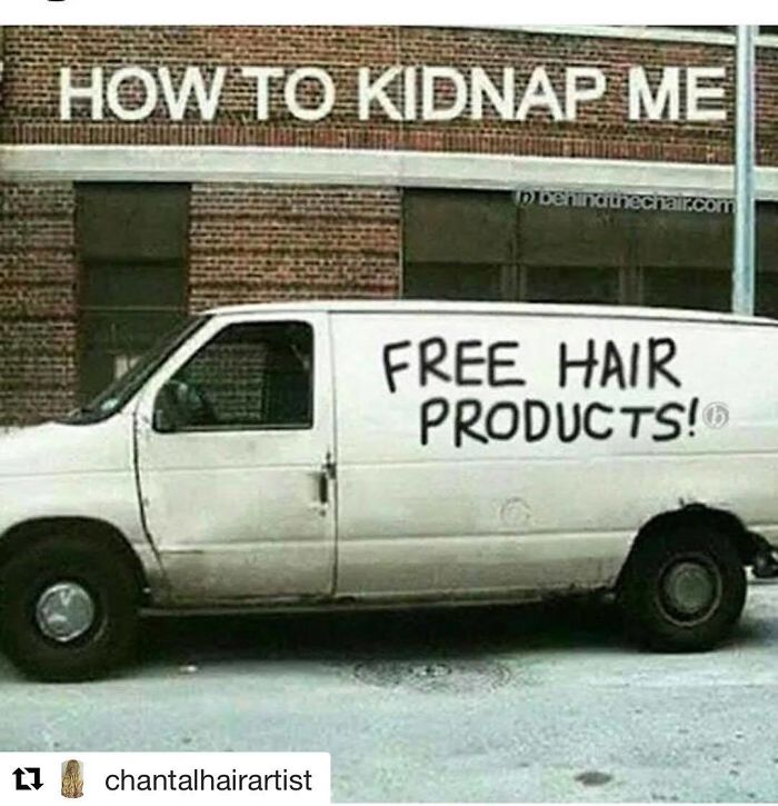 A van with "Free Hair Products!" painted on the side, humor related to hairstylist memes.