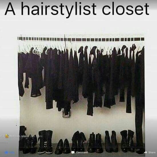 Hairstylist meme showing a closet full of black clothes and shoes, humorously depicting a hairstylist's wardrobe.