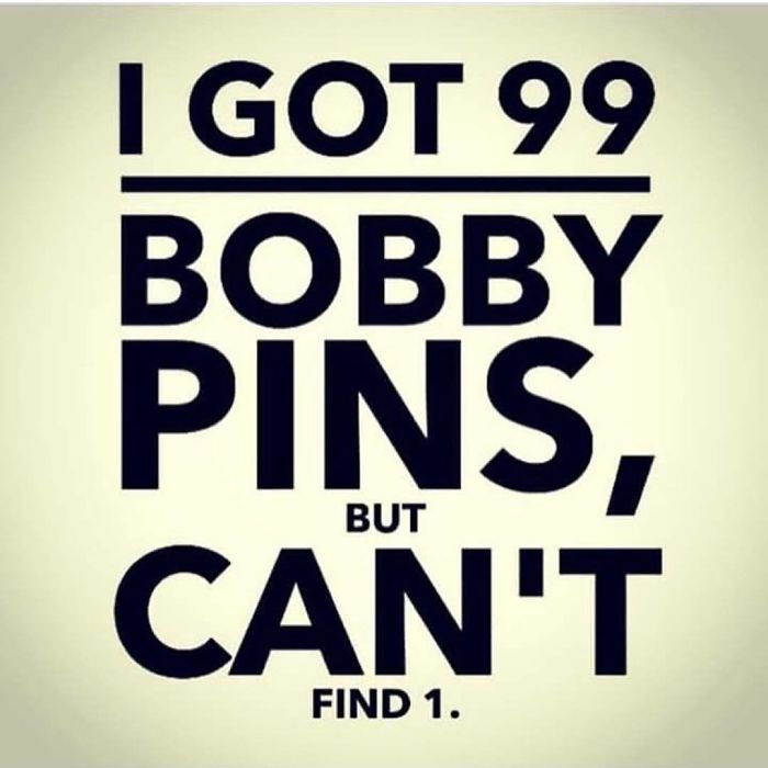 Text meme about bobby pins humor, highlighting hairstylist struggles.