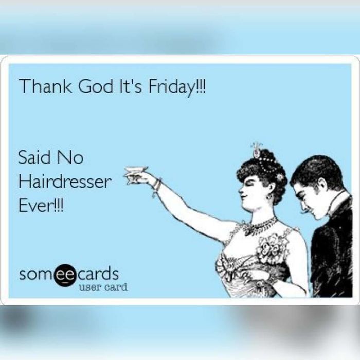 Vintage illustration with a funny caption about a hairstylist hating Fridays, featuring a woman raising a glass.