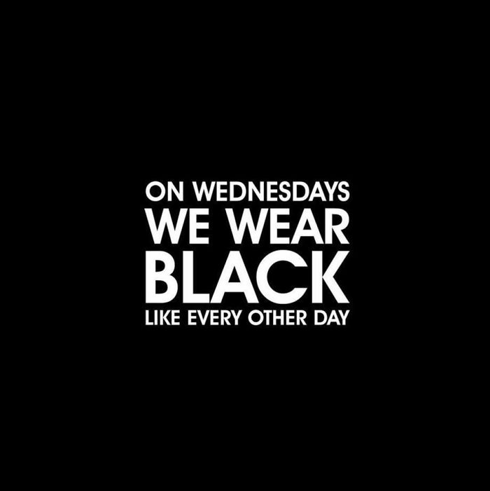 Text meme reading "On Wednesdays we wear black like every other day," humorously playing on stylist trends.