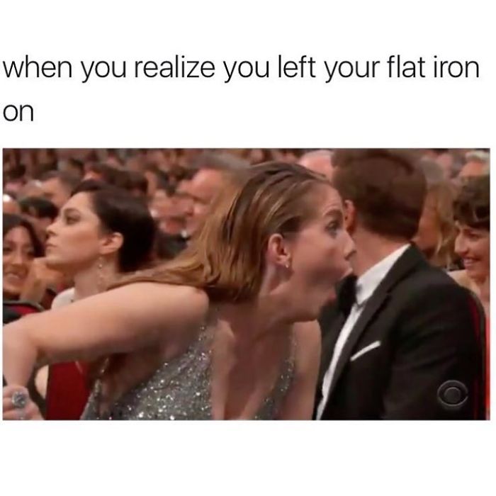 A woman in a sparkly dress looks shocked at an event, illustrating a humorous hairstylist meme.