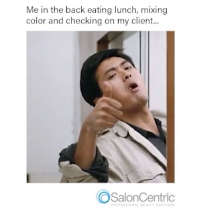 Man giving thumbs up, caption humorously describes multitasking hairstylist, SalonCentric logo visible.