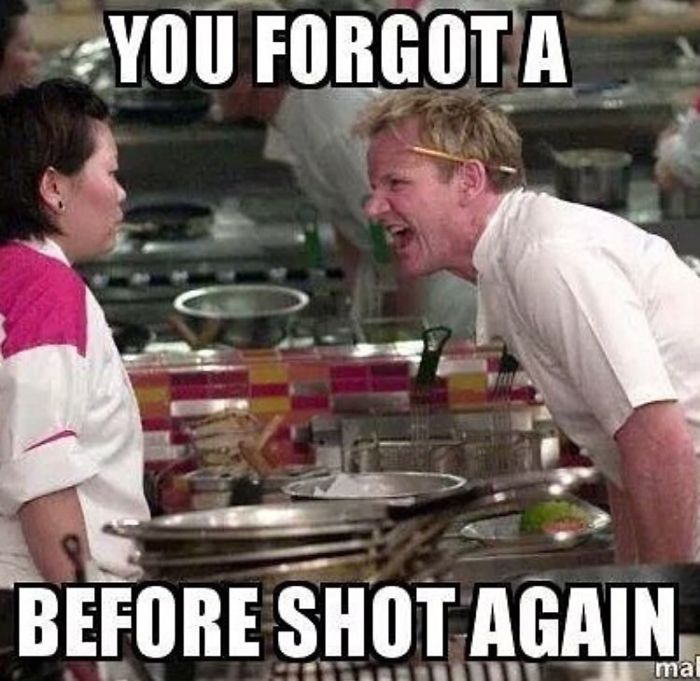 Chef yelling in a kitchen with text about forgetting a before shot, highlighting humorous hairstylist memes.