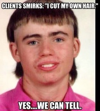 Awkward haircut meme humorously teasing DIY haircuts, reflecting hairstylist challenges.