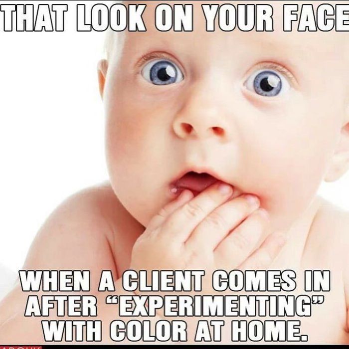 A surprised baby meme humorously depicts a hairstylist's reaction to a client's home color experiment.