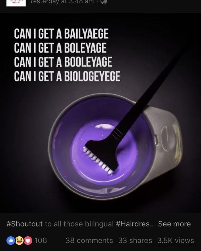 Purple hair dye bowl with a brush, humorous text about hairdresser challenges with hairstyle terms above.