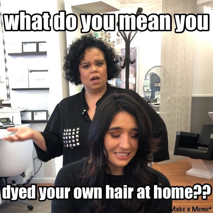 A frustrated hairstylist reacts to a client's DIY hair dye attempt in a salon.